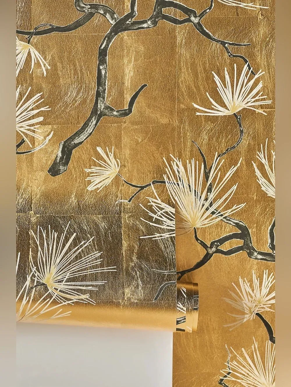 New Anthropologie Bonsai Floral Gold Leaf Wallpaper